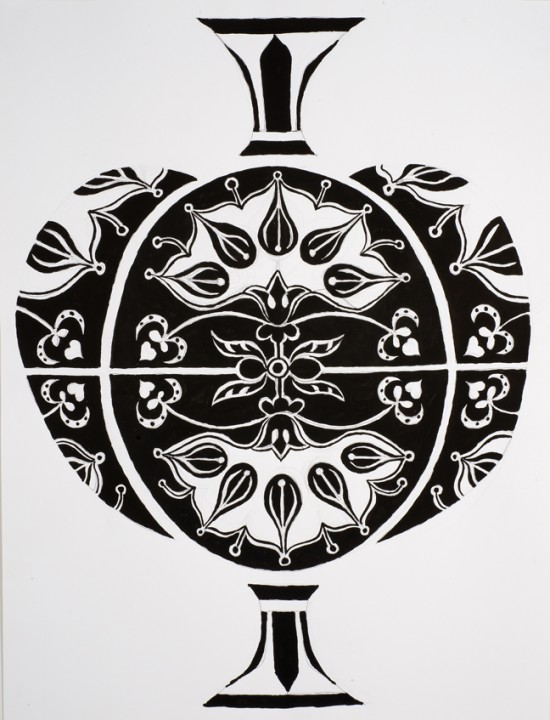 Elisabeth Kley, Large Black and White Three Part Bottle Study with Fans, 2012, ink and graphite on paper, 46 x 35 inches.