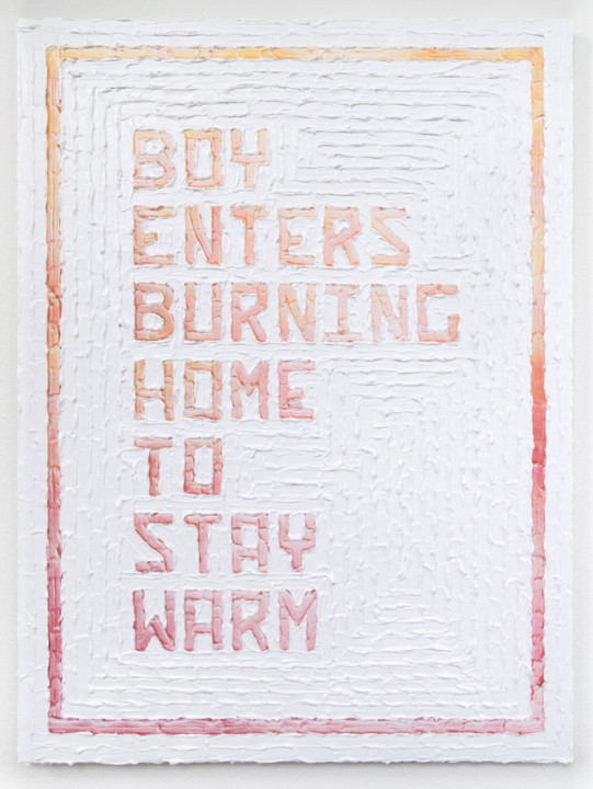 Boy Enters Burning Home To Stay Warm, 2017, acrylic on canvas, 40 x 30 inches.