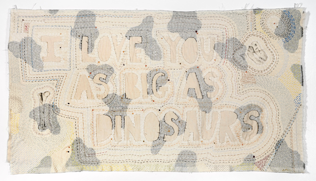 Allison Manch, Dinosaurs, 2016, embroidery on cotton, 18 x 33 inches.