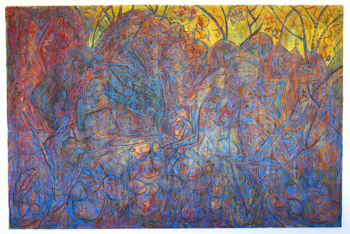 Peter Scherrer, Four Lizards, 2014, watercolor on paper on panel, 48 x 72 inches.