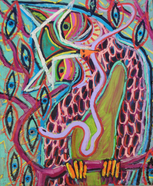Ryan Schneider, Owl Omen, 2015, oil and bone on linen, 24 x 20 inches.