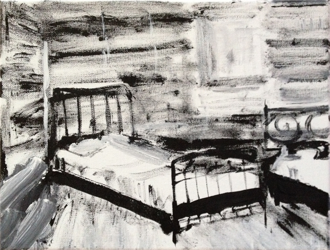 Andy Heck Boyd, Untitled (Bed), 2016, acrylic on canvas, 12 x 9 inches.