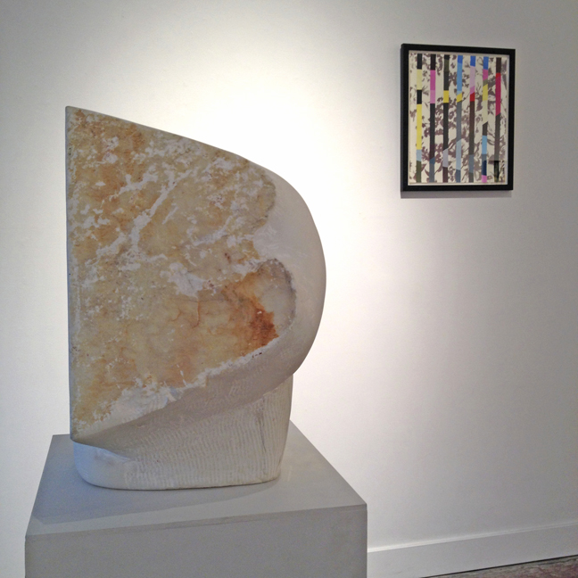 Seth David Friedman, FORTHELIVEDEVIL, 2011, Carrara marble, 18 x 12 x 12 inches and Dawn Cerny, Anaheim, 2015, gouache on silkscreen, 16 x 14 inches.