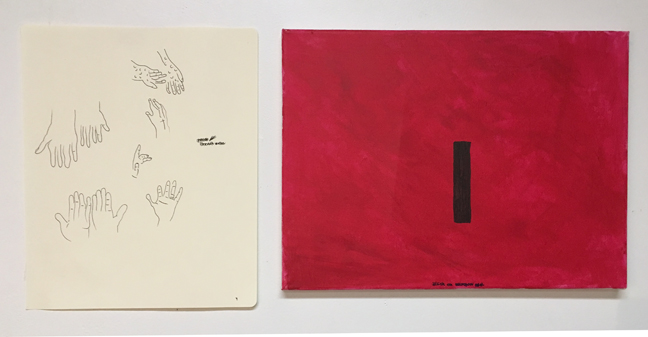Rami Farook, (l) Untitled, 2018, ink on paper, 13 x 10.5 inches, (r) Untitled, 2018, acrylic on canvas, 12 x 16 inches.