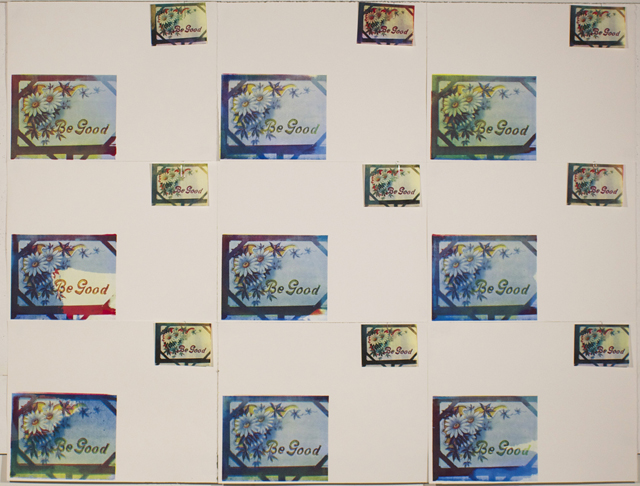 Dawn Cerny, Be Good, 2014, screen-printed wallpaper with screen-printed postcards attached with paperclips, 48" x 81 inches.