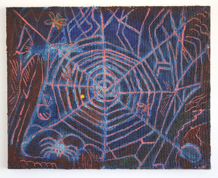 Peter Scherrer, Pink Web, 2014, oil on burlap on panel, 16 x 20 inches.