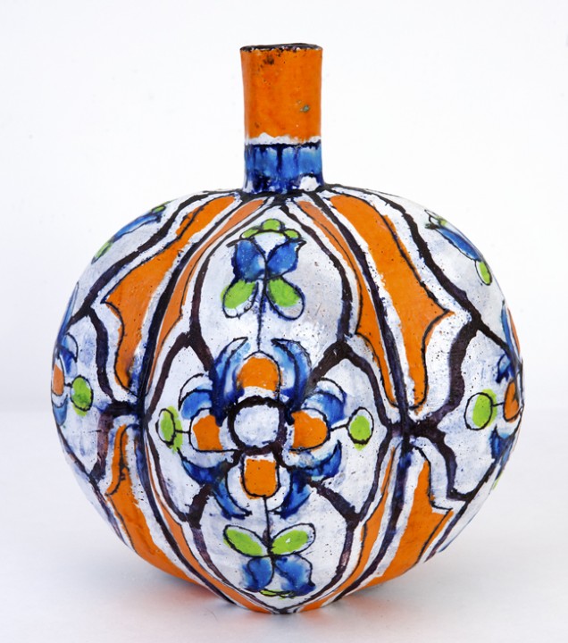 Elisabeth Kley, Tangerine Lobed Bottle, 2012, glazed earthenware, 13 inches tall.