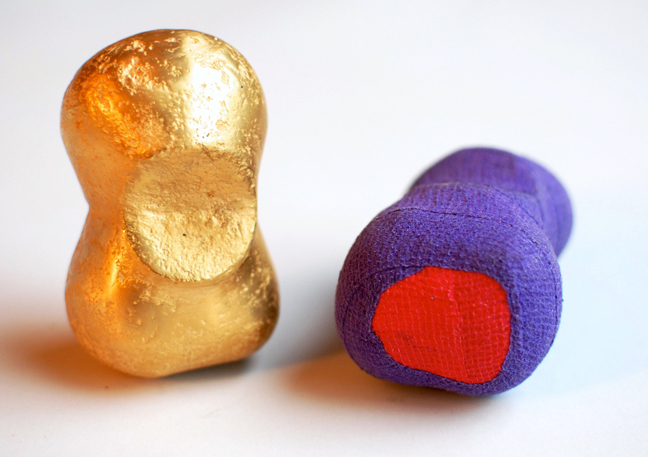 Seth David Friedman, Untitled, 2014, (l) gold plated bronze (r) cotton gauze covered bronze, each 4 x 2 x 2 inches.